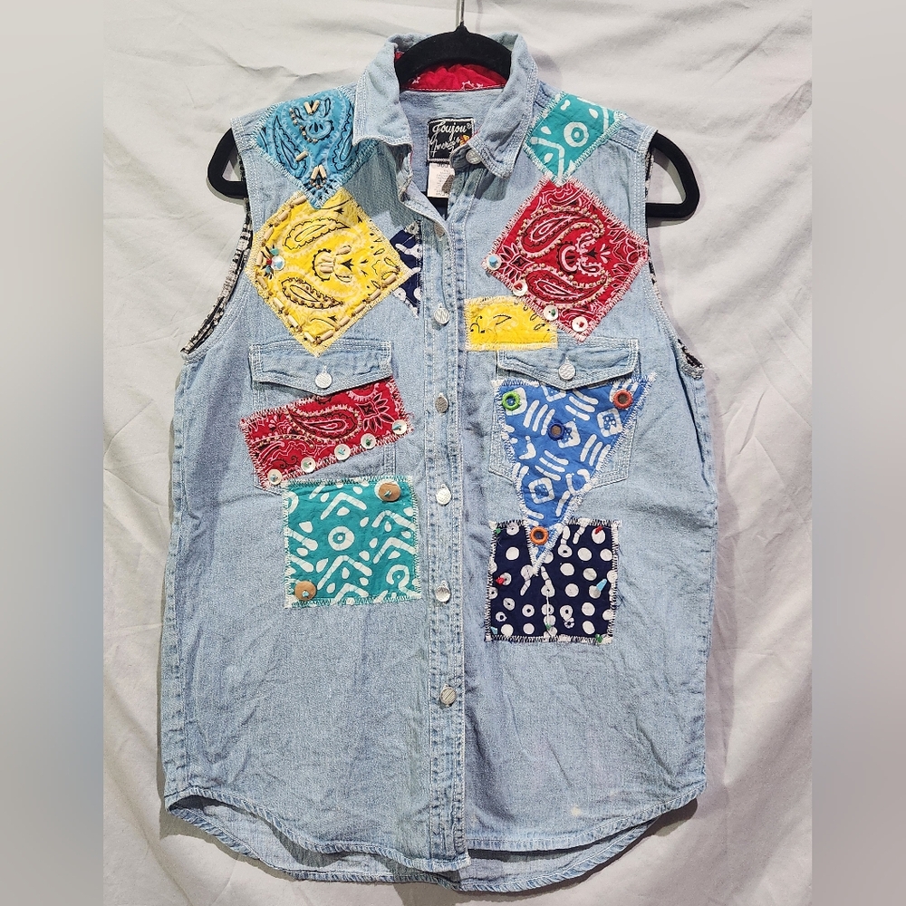 Joujou Denim Vest Women Medium Light Wash Blue Good Vintage Patchwork 90s Boho